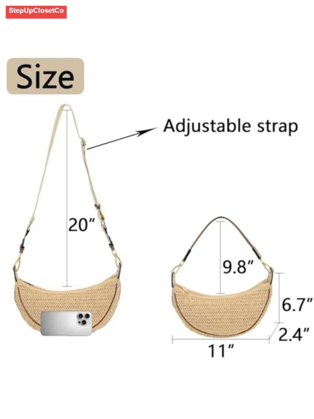 Straw Crossbody Bag for Women Crescent Woven Hobo Purse Adjustable Strap Summer